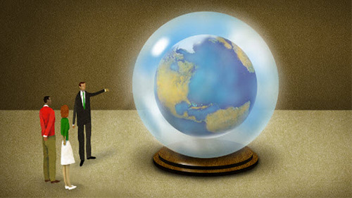 Illustration of 3 people standing next to the earth inside a snow globe